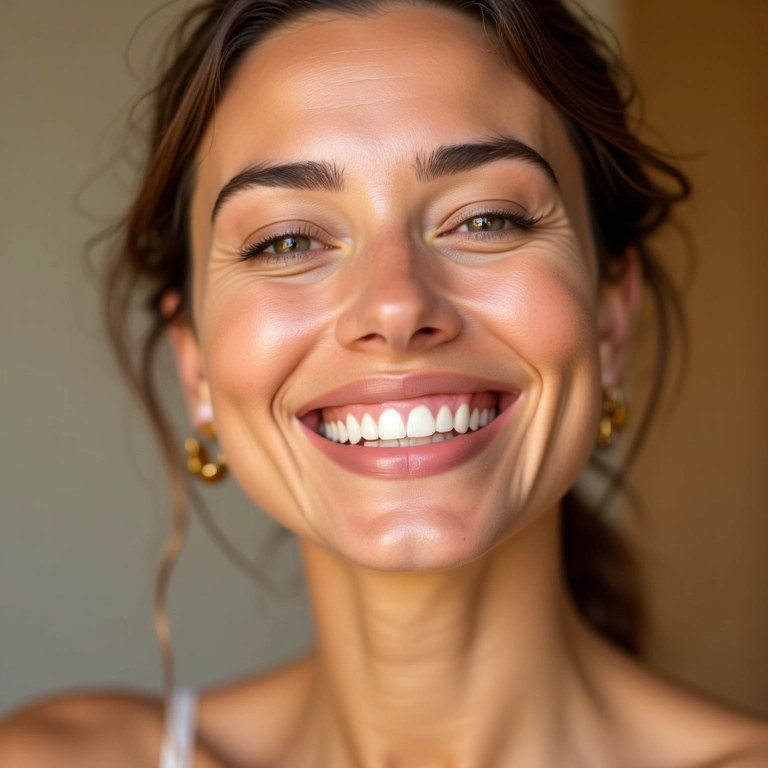 Mulher de pele clara sorrindo enquanto ilumina o rosto com pó de banana rosado.