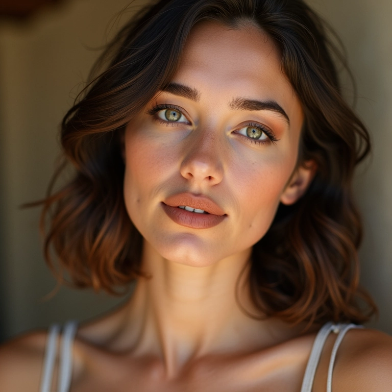 Mulher de pele clara usando batom marrom claro.