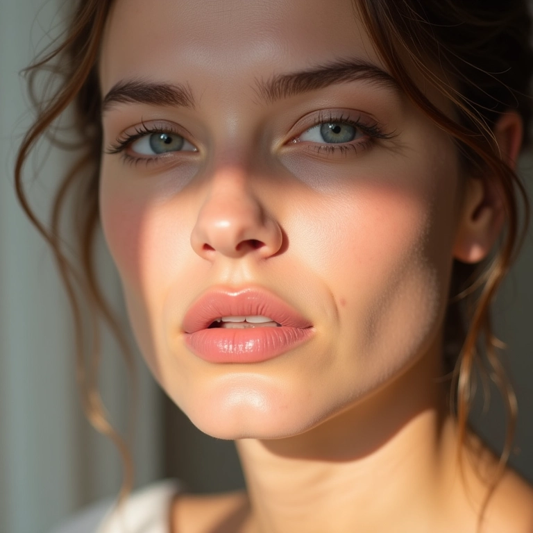 Mulher de pele clara usando batom rosa claro.