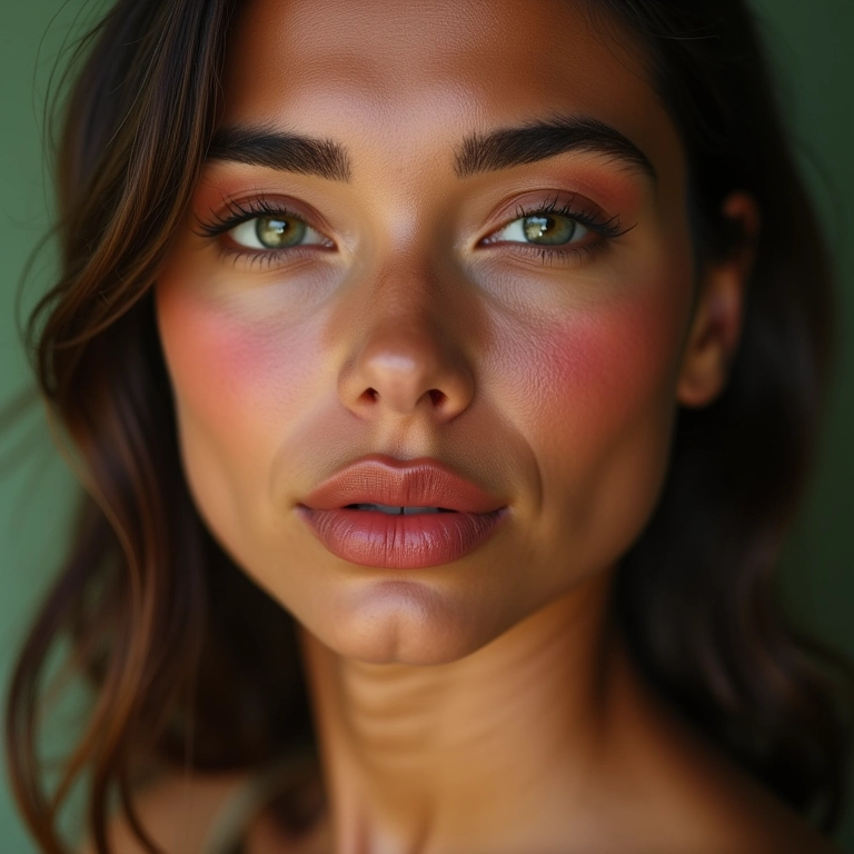 Mulher de pele clara usando blush vinho, maquiagem suave.