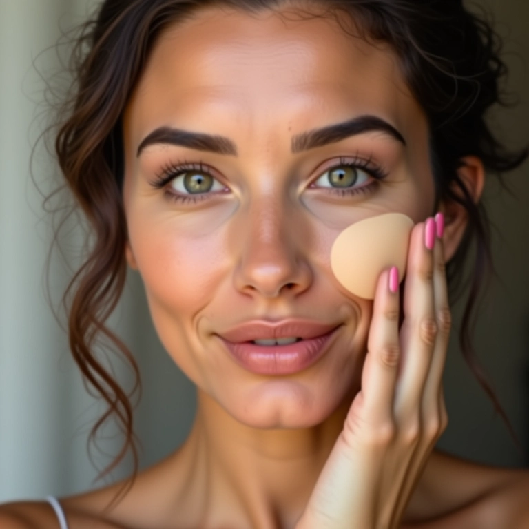 Mulher de pele média esfumando contorno em creme.