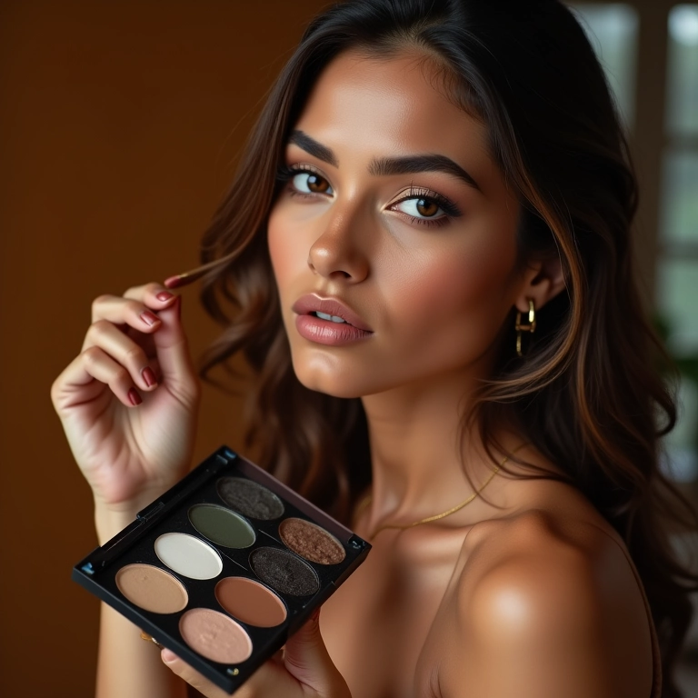 Mulher de pele quente escolhendo cores de sombra.