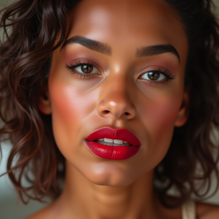 Mulher de pele quente testando batons vermelhos.