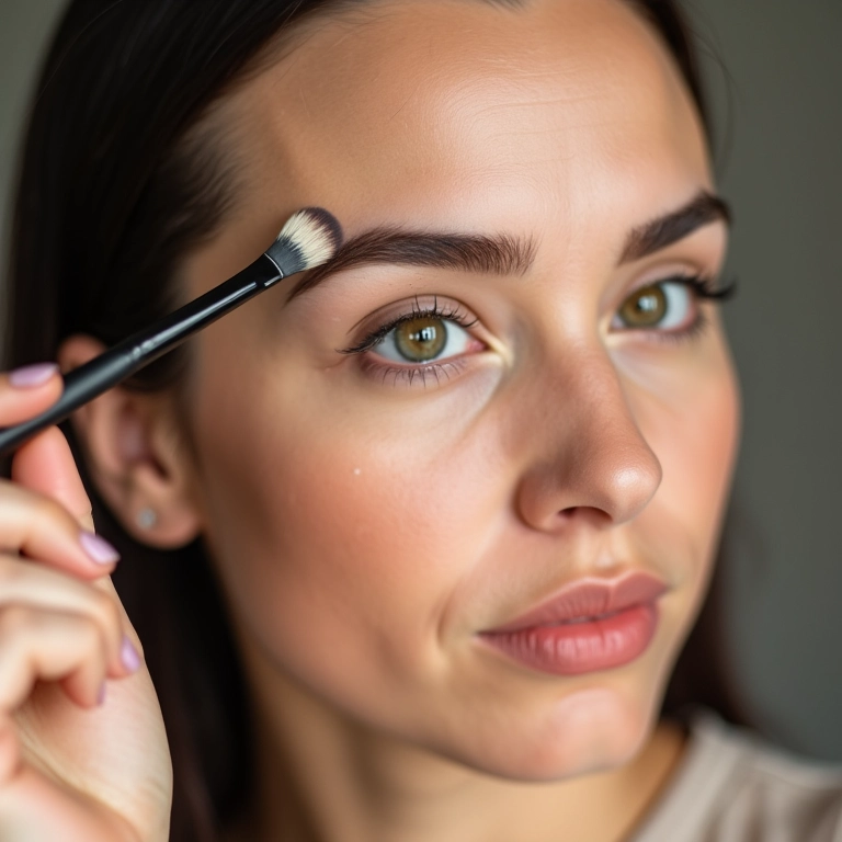 Mulher definindo as sobrancelhas com pincel chanfrado para um olhar expressivo.