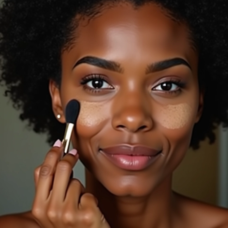 Mulher diversa aplicando diferentes texturas de pó para contorno no rosto.