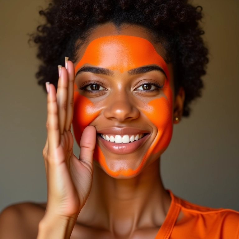 Mulher diversa com contorno laranja no rosto fazendo gesto de 'não'.