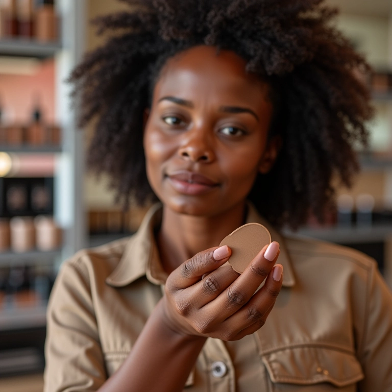 Mulher diversa testando pó para contorno na mão em loja de cosméticos.