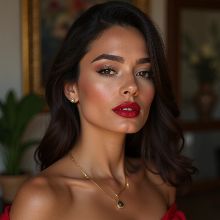 Mulher elegante com maquiagem clássica e lábios vermelhos.