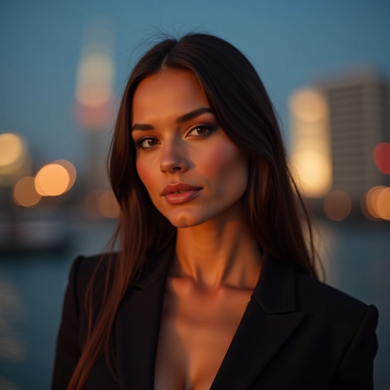 Mulher elegante com maquiagem sutil e blazer chic, transição dia/noite.