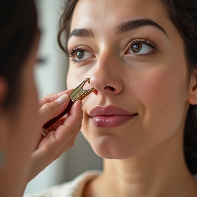 Mulher equilibrando as proporções do rosto com iluminador no nariz.