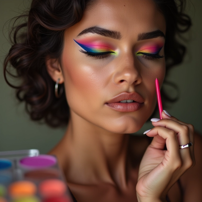 Mulher escolhendo a cor ideal do delineador colorido em paleta vibrante.