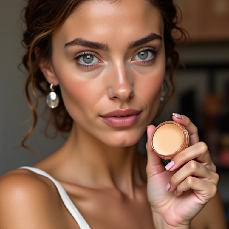 Mulher escolhendo o pó de banana rosado ideal em uma loja de maquiagem.