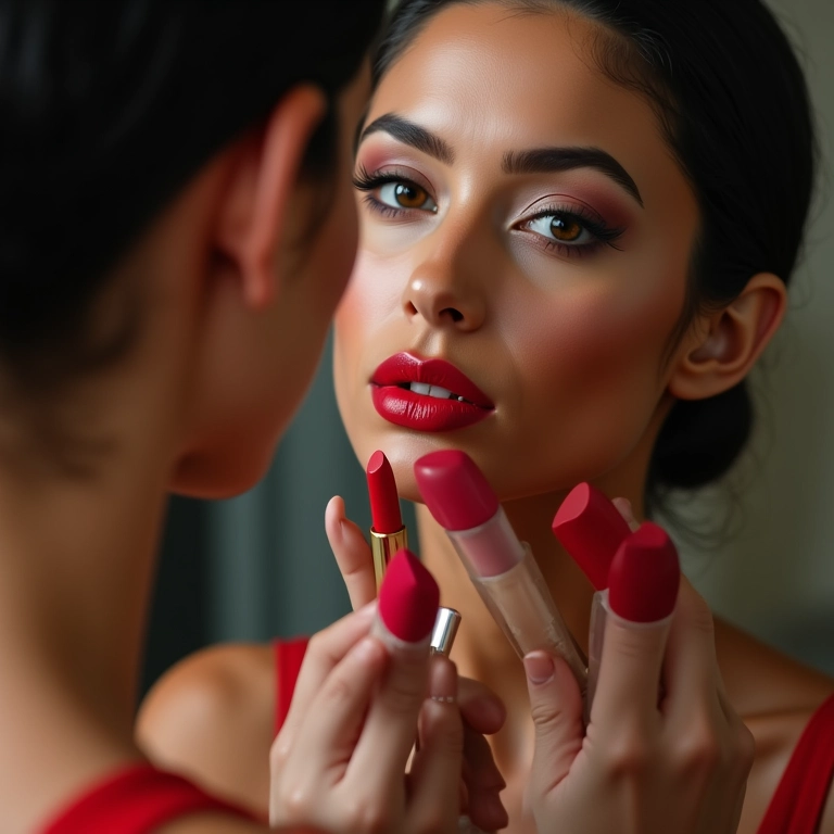 Mulher escolhendo o tom de batom vermelho ideal para sua pele.