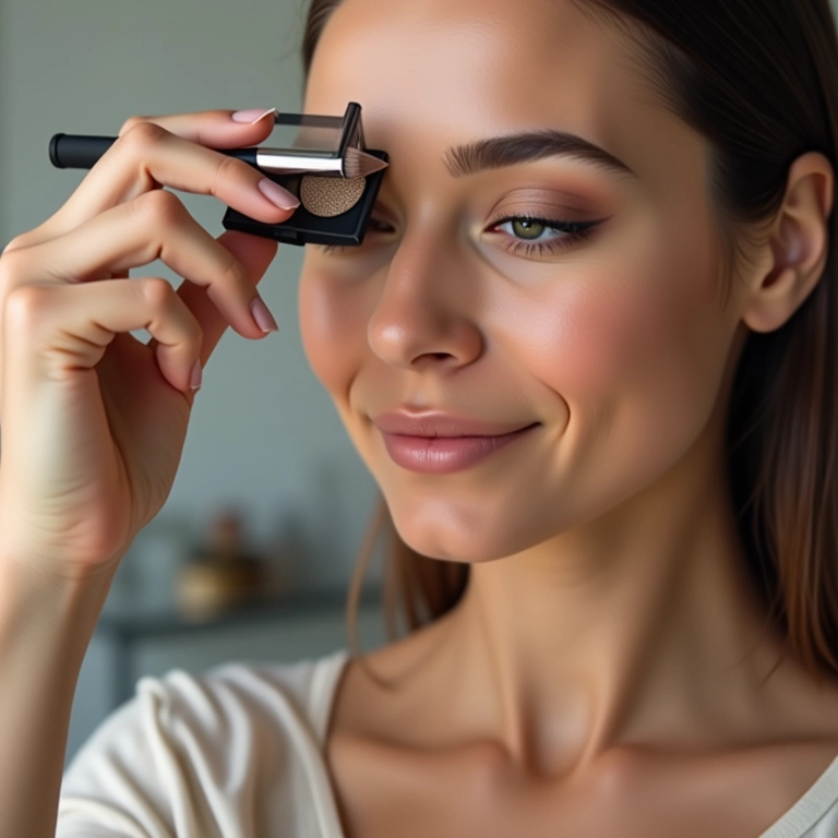 Mulher escolhendo produtos para preencher a sobrancelha.