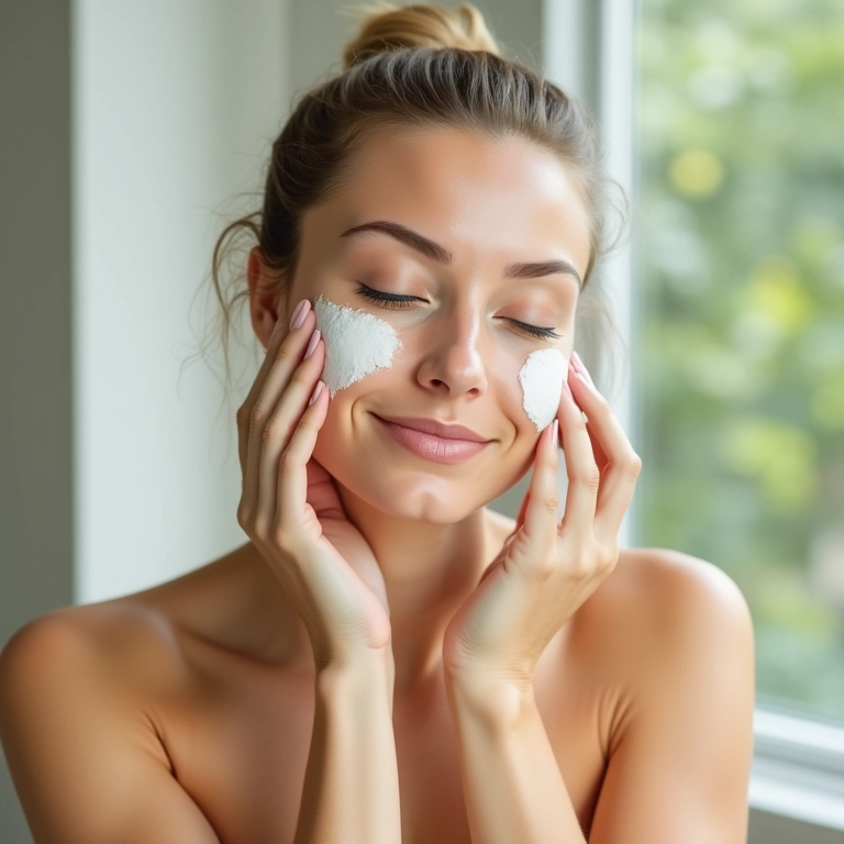 Mulher esfoliando o rosto delicadamente com pó de bambu em um banheiro iluminado.