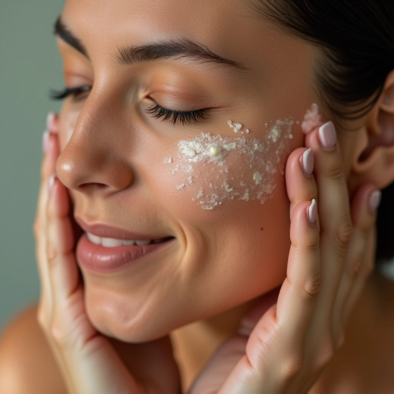 Mulher esfoliando suavemente a pele do rosto com um produto natural.