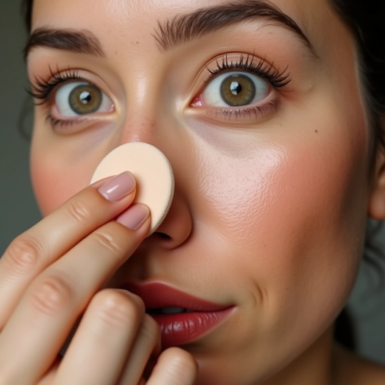 Mulher esfumando o contorno com uma esponja de maquiagem.
