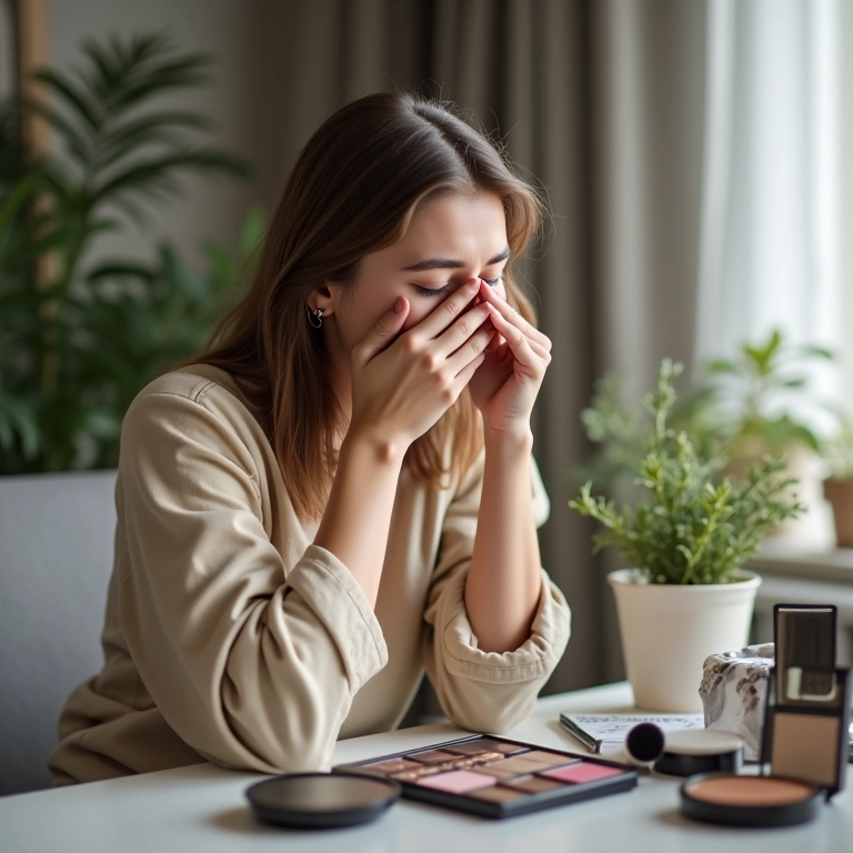 Mulher espirrando, com coceira no nariz, após usar maquiagem.