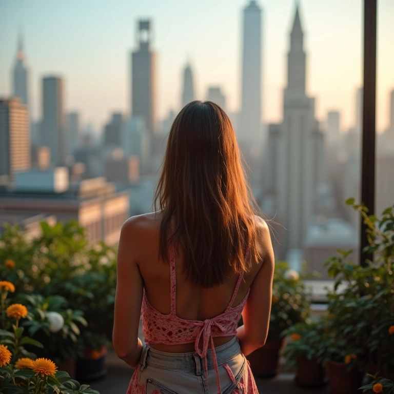 Mulher estilosa escolhendo entre diferentes locais para festa com vista da cidade.