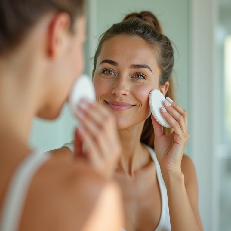 Mulher fazendo limpeza facial profunda com esponja elétrica.
