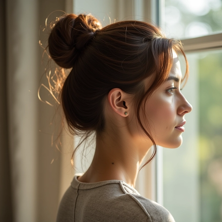 Mulher fazendo um penteado rápido.
