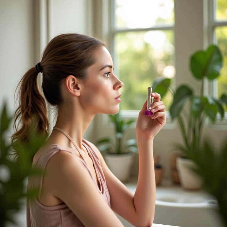 Mulher fixando a maquiagem com bruma de ácido hialurônico.
