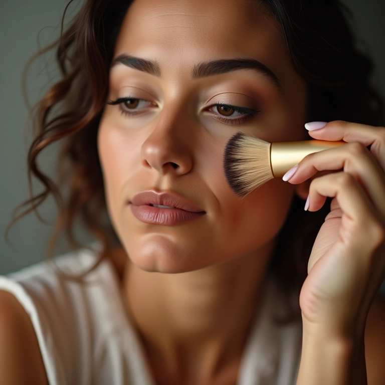 Mulher fixando a maquiagem com pó de bambu e um pincel.