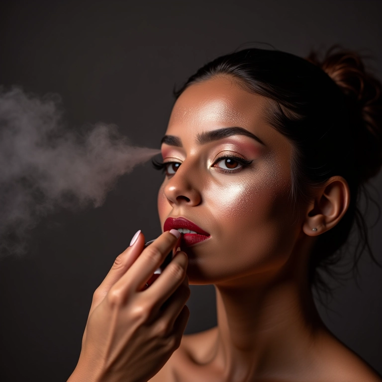 Mulher fixando o iluminador duochrome com spray fixador.