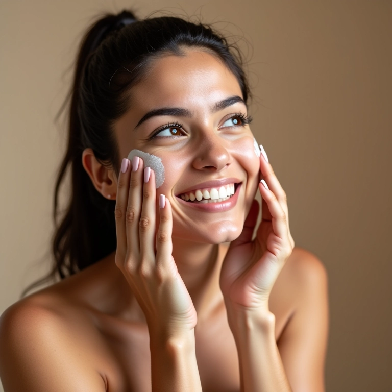 Mulher hidratando a pele do rosto antes da maquiagem.