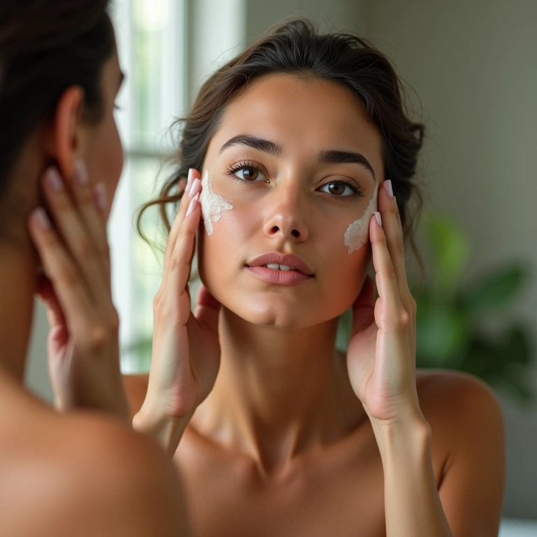 Mulher hidratando o rosto antes da maquiagem.