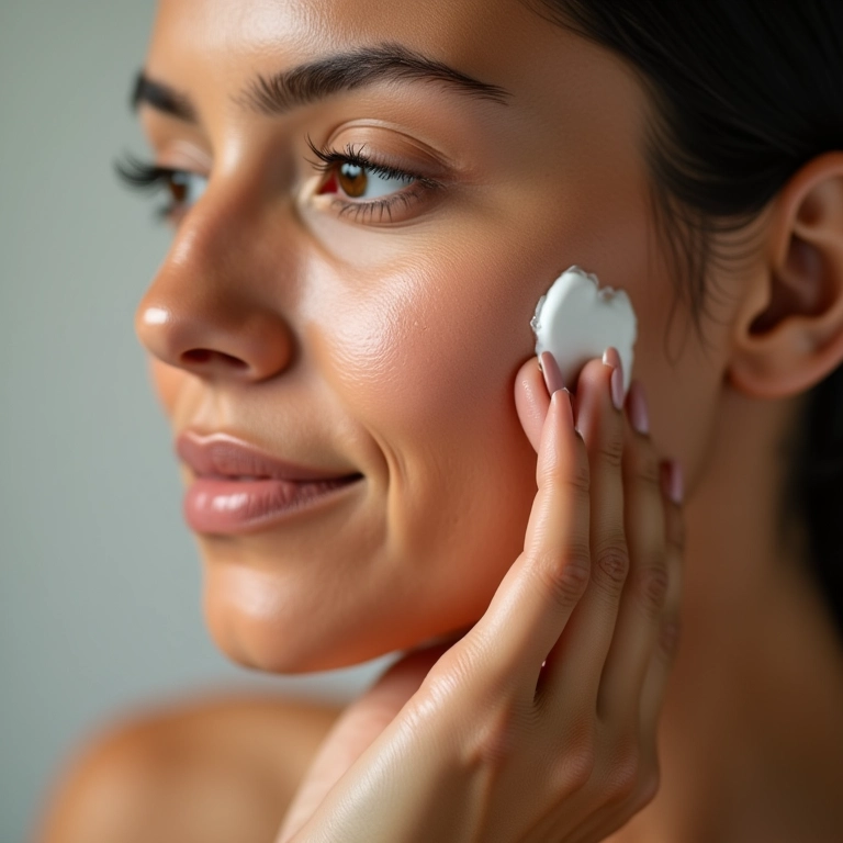 Mulher hidratando o rosto com creme hidratante para uma pele radiante.