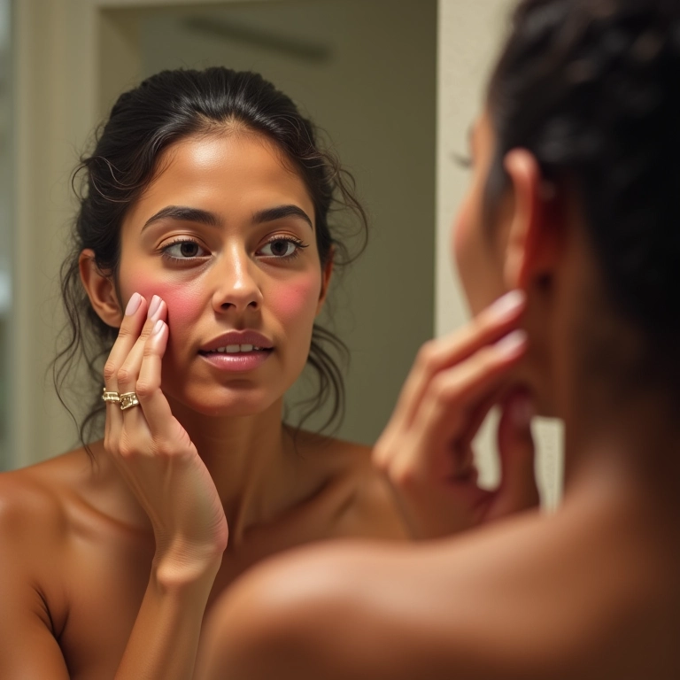 Mulher identificando áreas avermelhadas no rosto antes de aplicar o corretivo verde.