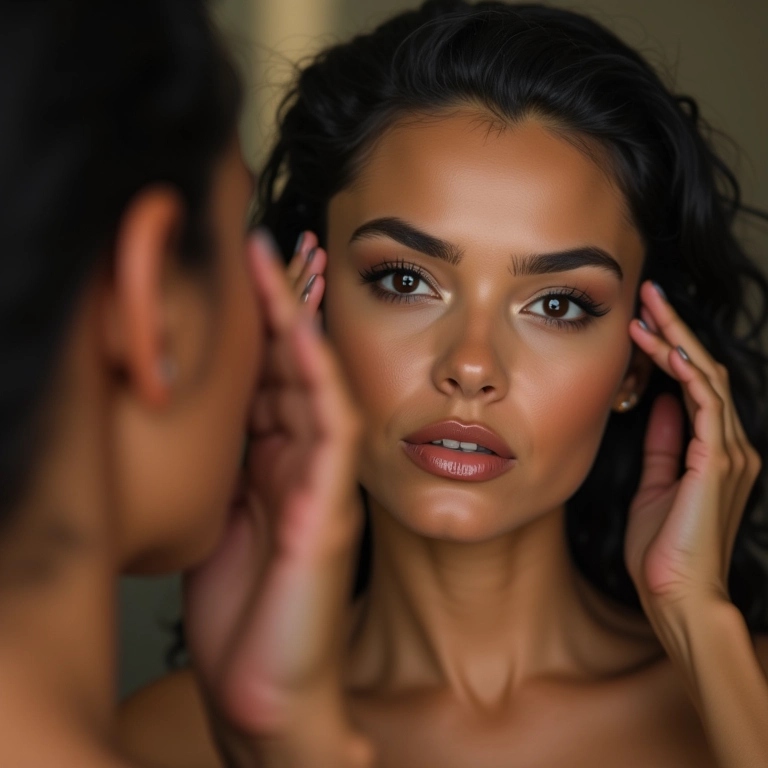 Mulher identificando os pontos-chave do seu rosto triangular no espelho.