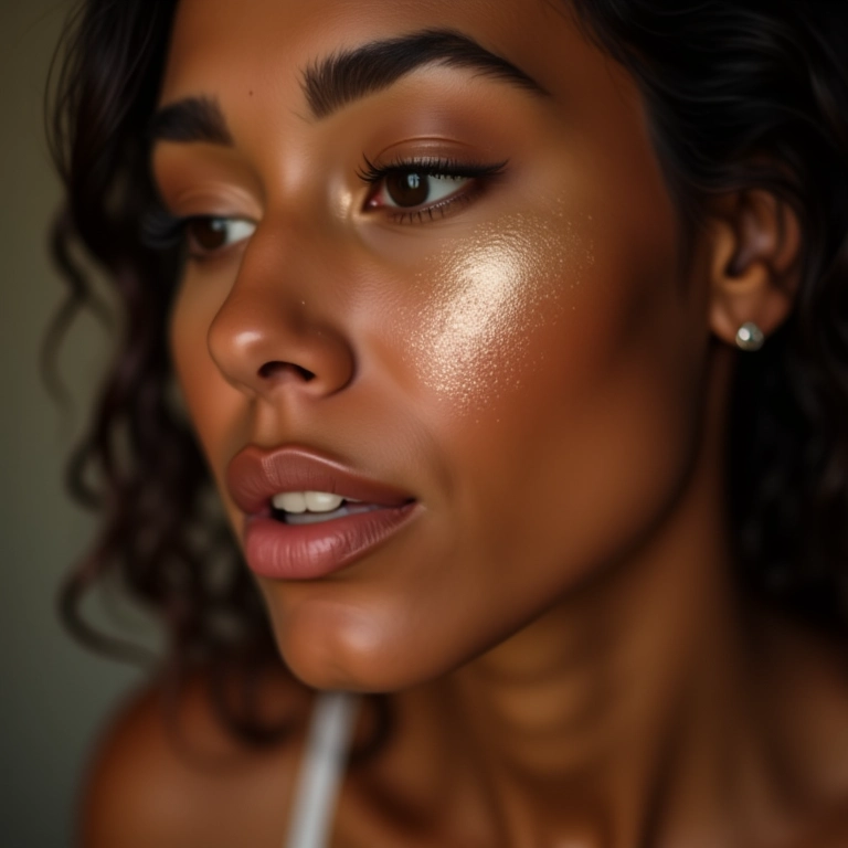 Mulher iluminando as maçãs do rosto com iluminador.