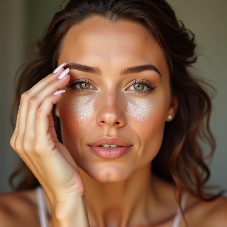 Mulher iluminando os pontos altos do rosto com iluminador.