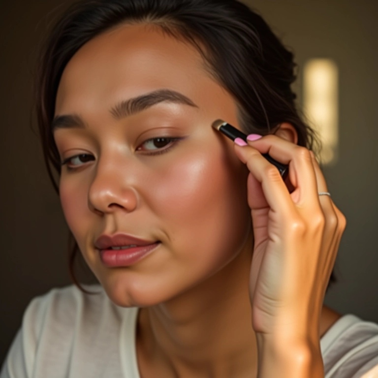 Mulher iluminando os pontos altos do rosto com maquiagem.