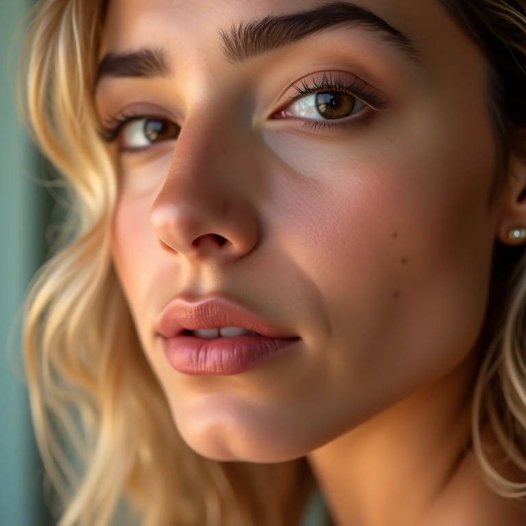 Mulher jovem aplicando maquiagem com pele perfeita e radiante.