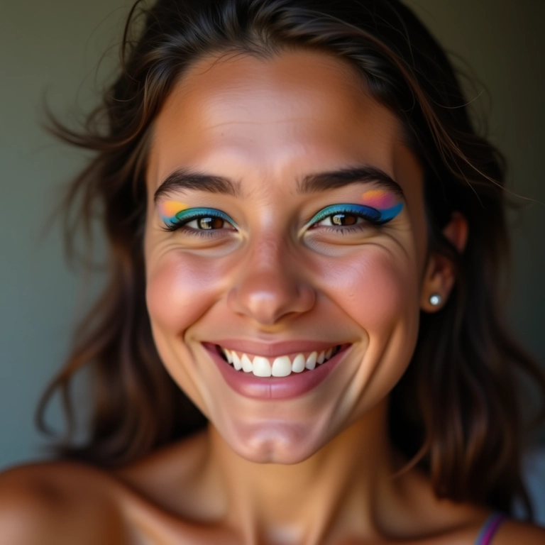 Mulher jovem com delineado gatinho colorido sorrindo com confiança.