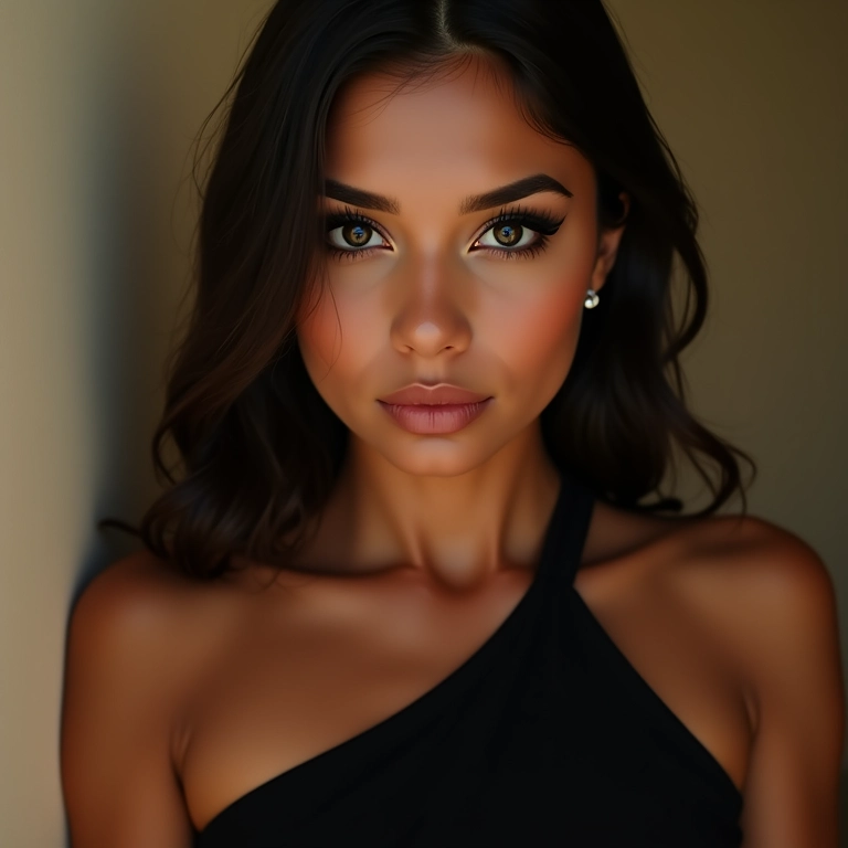 Mulher jovem com delineado gatinho e vestido preto.