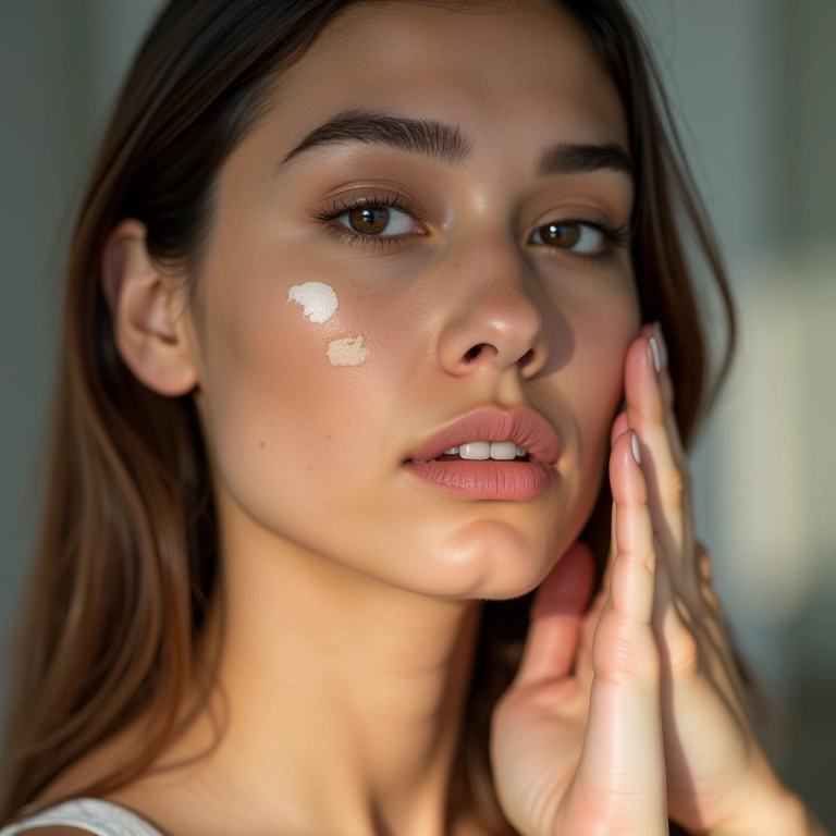 Mulher jovem comparando amostras de base na mandíbula.