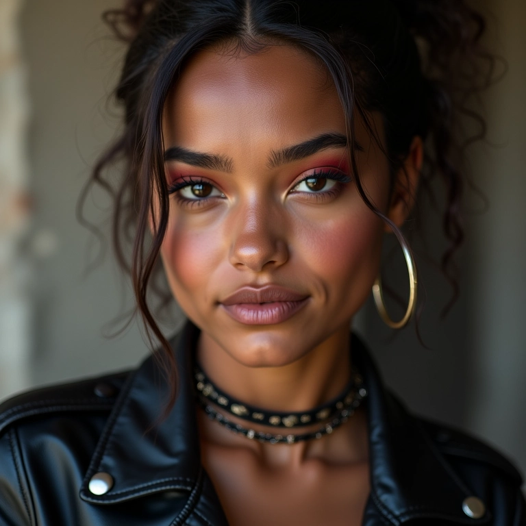 Mulher jovem e diversa com maquiagem rock ousada e jaqueta de couro.