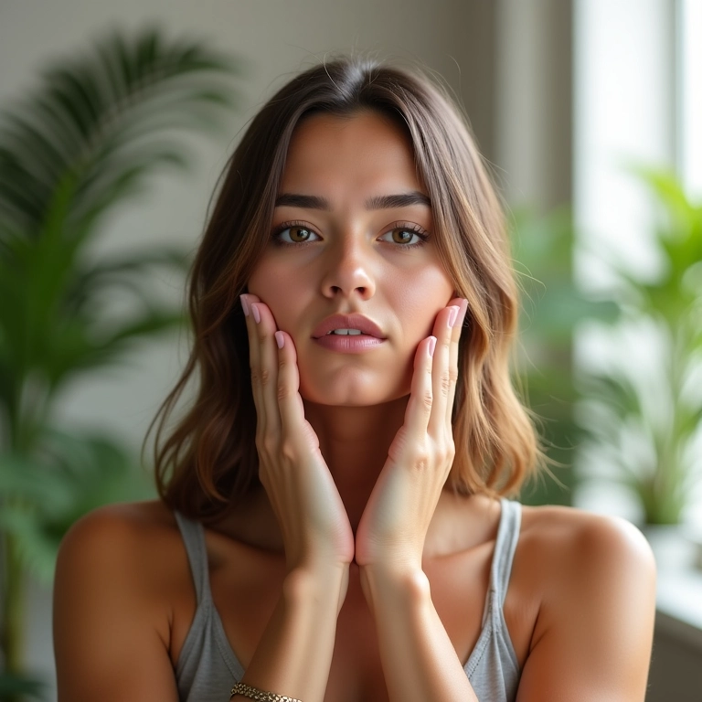 Mulher jovem fazendo exercícios faciais em casa, com decoração vibrante estilo Farm Rio e luz natural.