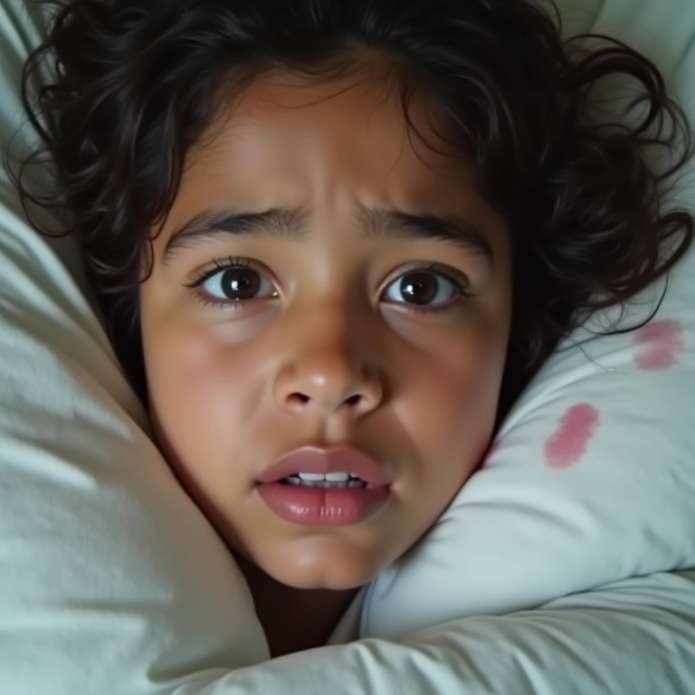 Mulher jovem preocupada com maquiagem borrada no travesseiro.