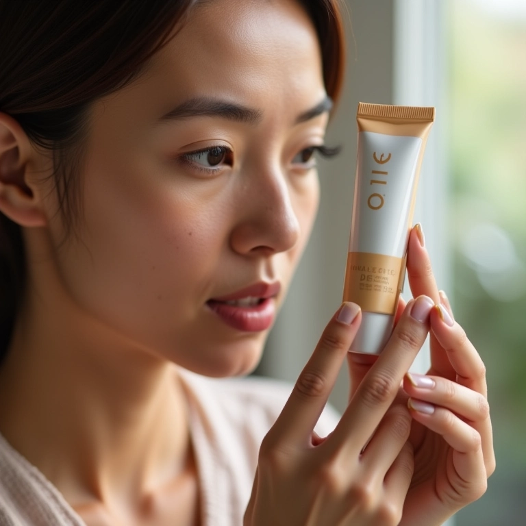 Mulher lendo a lista de ingredientes do CC Cream, buscando benefícios para a pele.