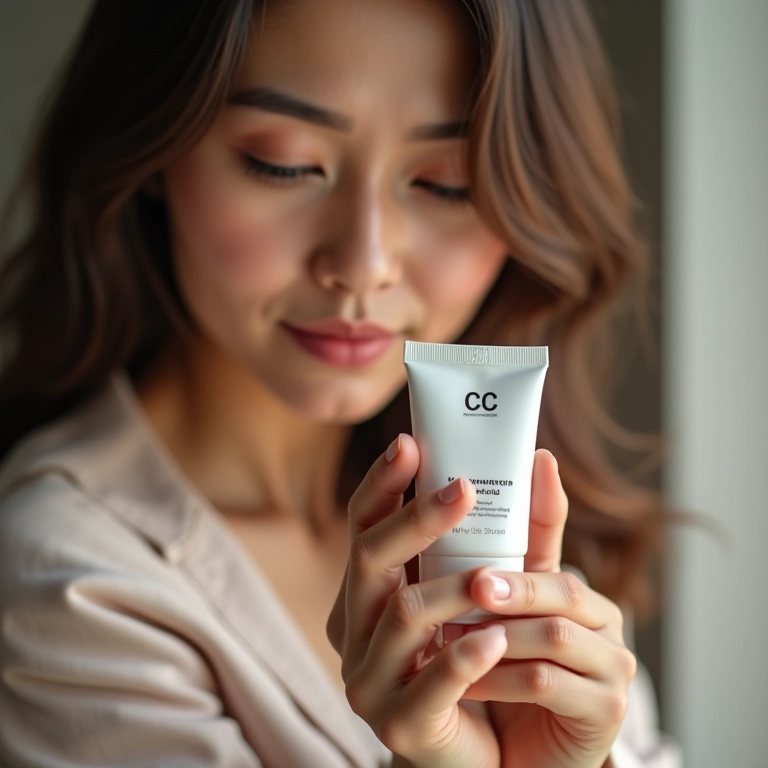 Mulher lendo atentamente o rótulo do CC Cream.