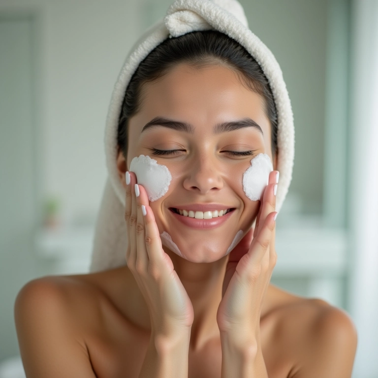 Mulher limpando a pele do rosto com limpeza dupla.
