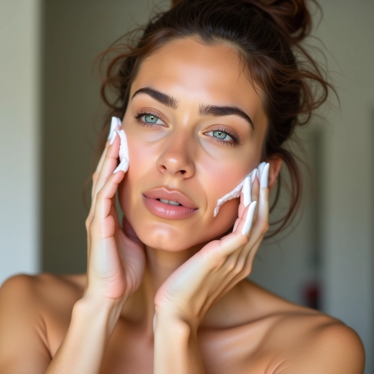 Mulher limpando o rosto antes da maquiagem.
