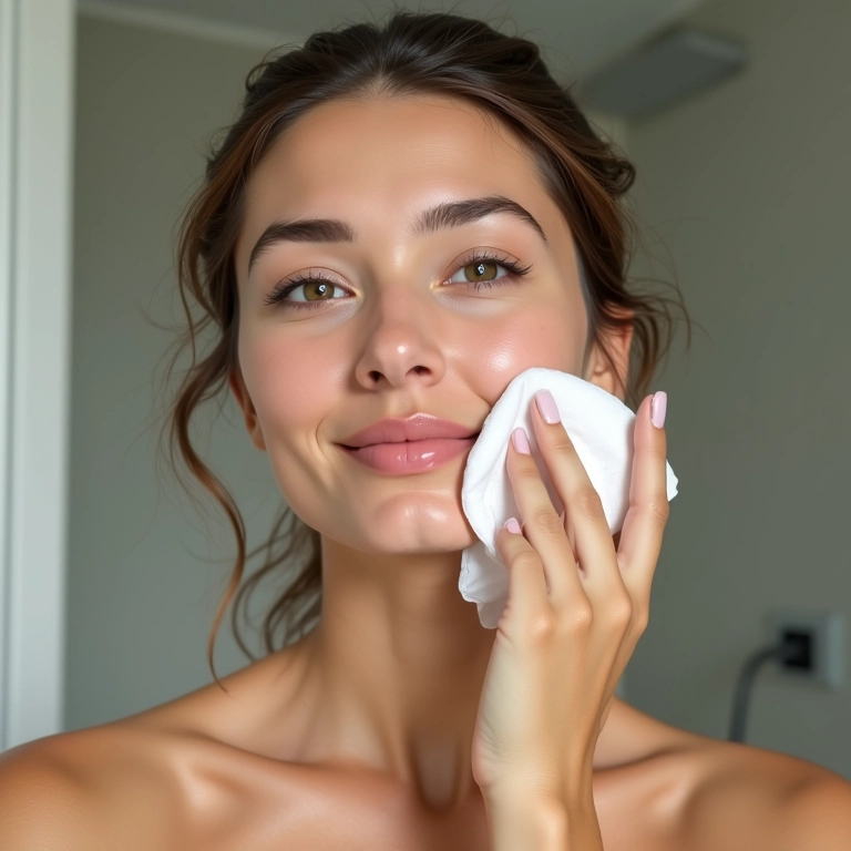Mulher limpando o rosto com água micelar.