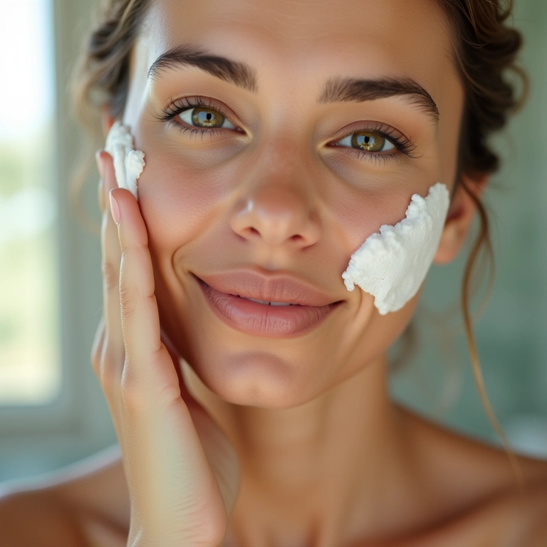 Mulher limpando o rosto com espuma de limpeza suave em banheiro decorado.