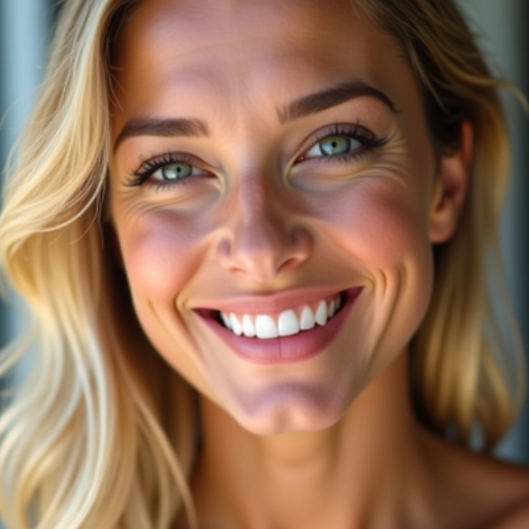 Mulher loira com maquiagem impecável e sorriso confiante.